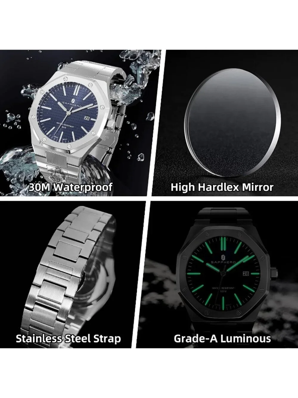 Men's Sliver Strap Blue Face Stainless Steel Octagonal Date Quartz Wrist Watch